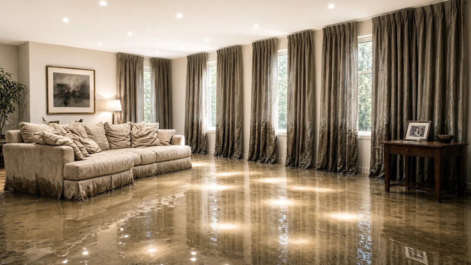 Flooded living room with standing water on the floor after a burst pipe