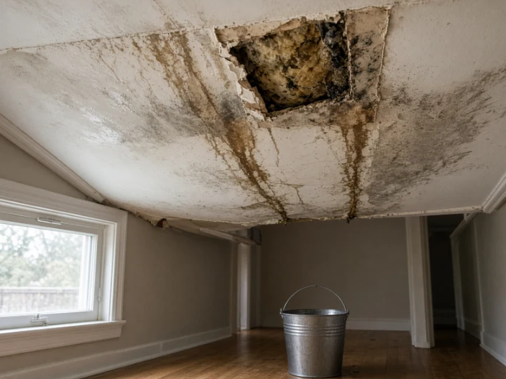 Water-damaged ceiling with stained, collapsed drywall and a bucket catching drips